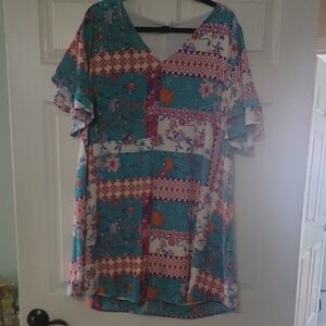 ANDREE BY UNIT Teal, White, Red Patchwork Floral Midi Dress